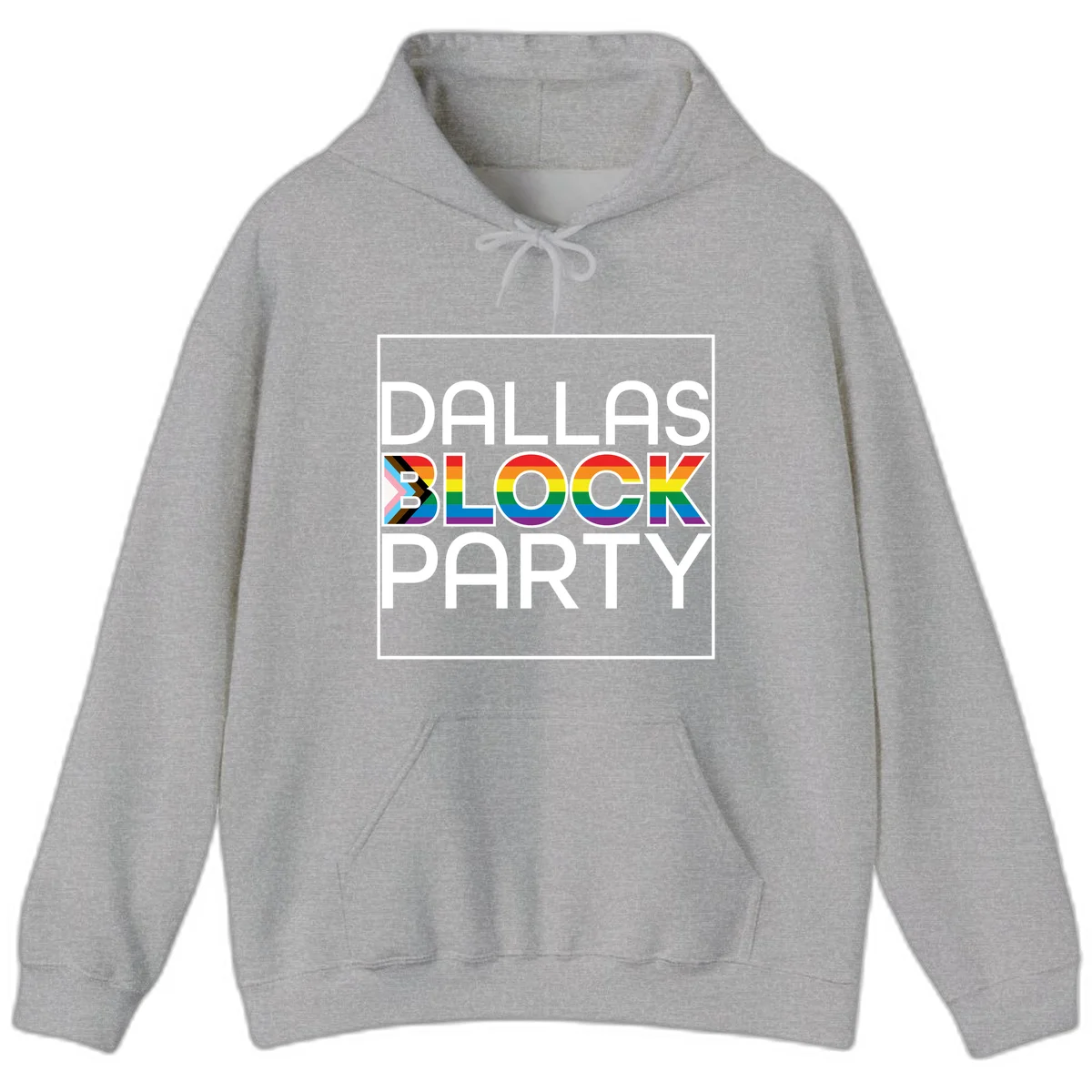Dallas Block Party Pride design with rainbow and progress pride flag colors integrated into bold white typography on gray background in Sport Grey