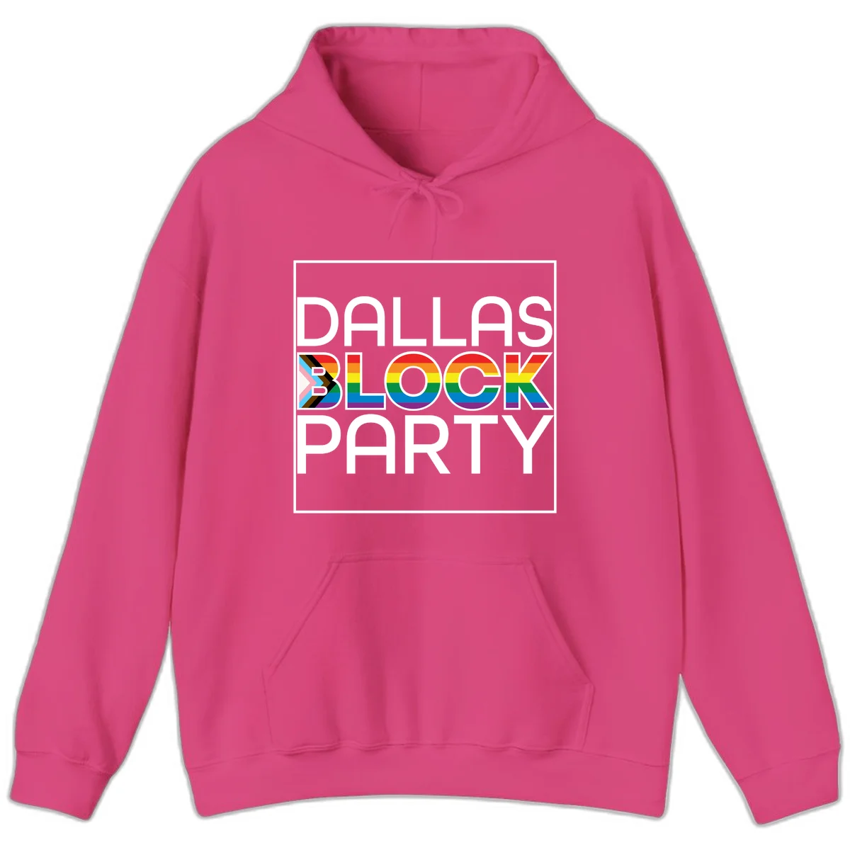 Dallas Block Party Pride design with rainbow and progress pride flag colors integrated into bold white typography on gray background in Heliconia