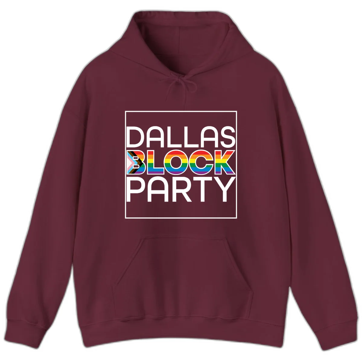 Dallas Block Party Pride design with rainbow and progress pride flag colors integrated into bold white typography on gray background in Maroon