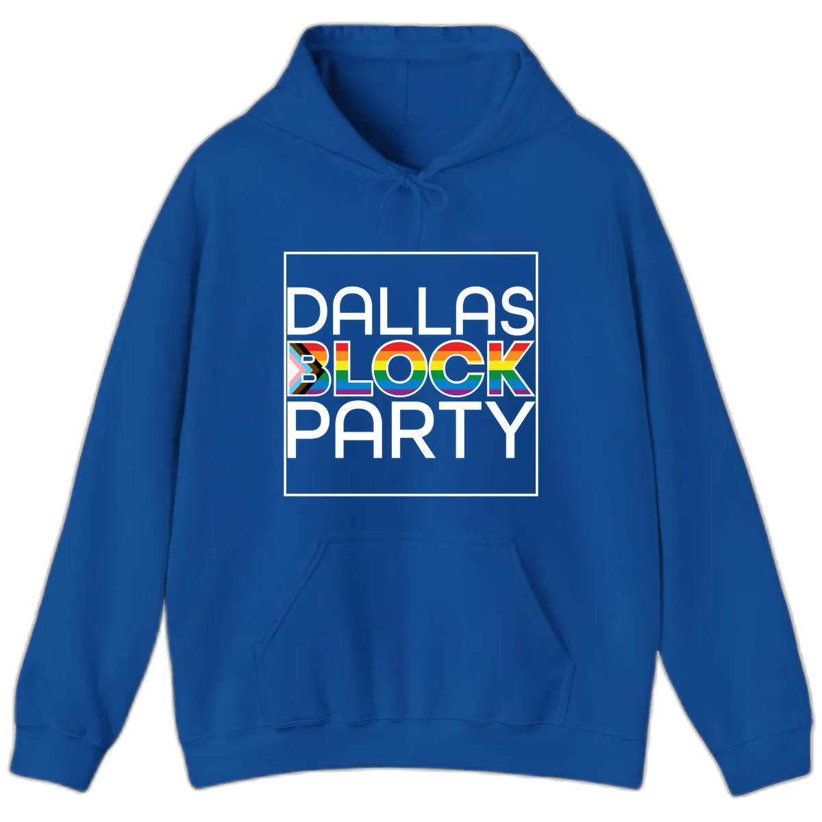 Dallas Block Party Pride design with rainbow and progress pride flag colors integrated into bold white typography on gray background in Royal