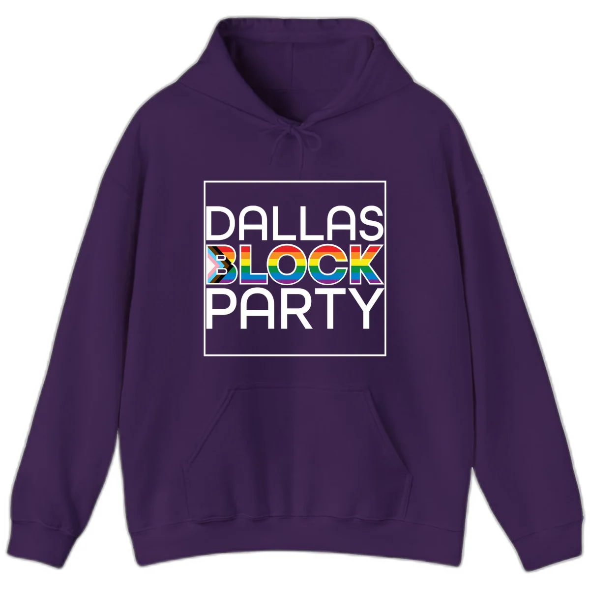 Dallas Block Party Pride design with rainbow and progress pride flag colors integrated into bold white typography on gray background in Purple