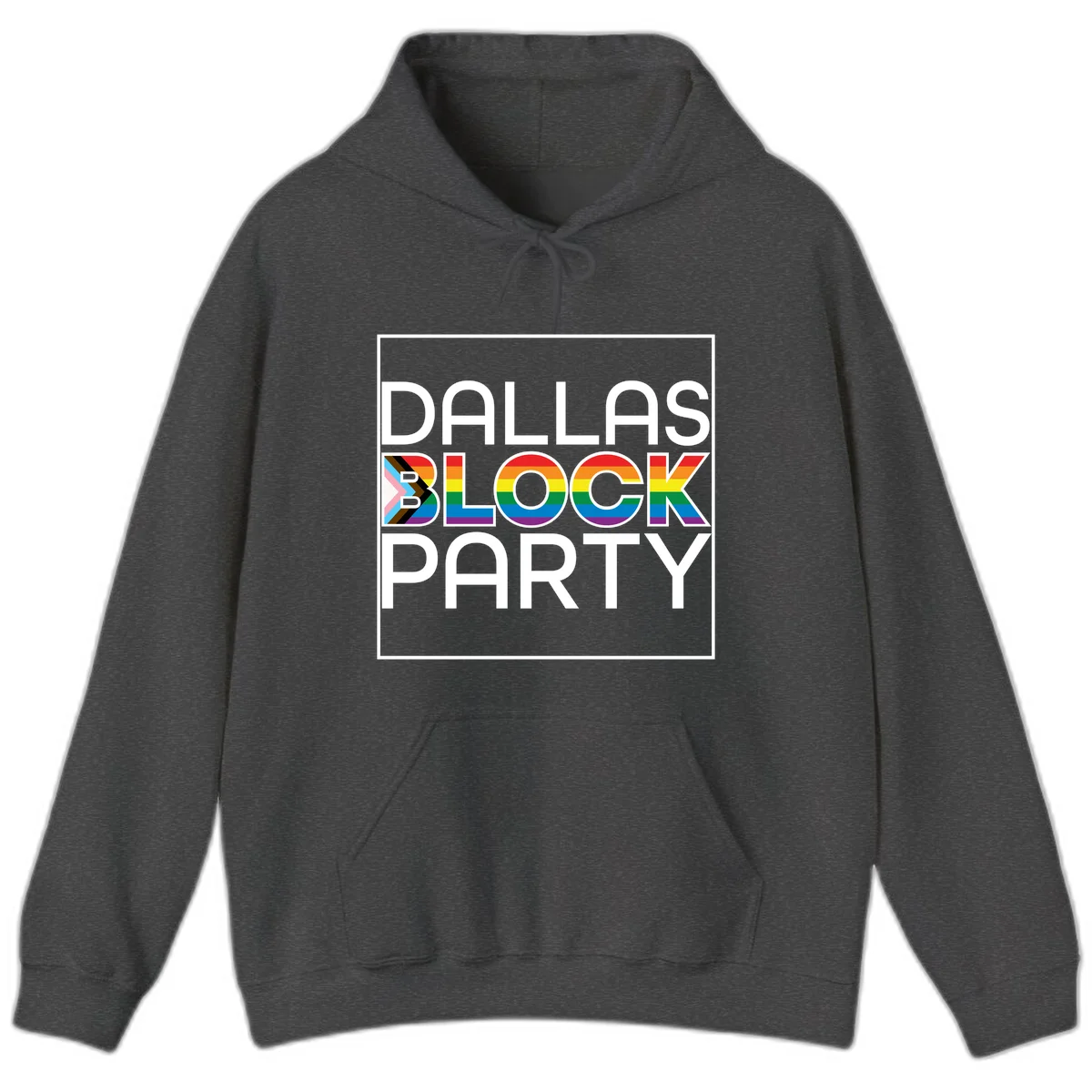 Dallas Block Party Pride design with rainbow and progress pride flag colors integrated into bold white typography on gray background in Dark Heather