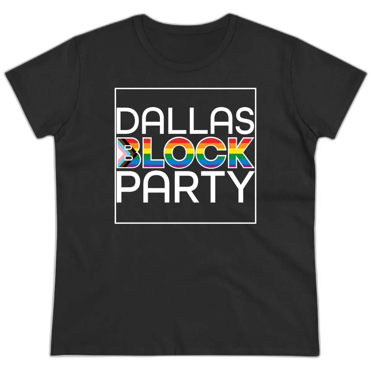 Dallas Block Party Pride design with rainbow and progress pride flag colors integrated into bold white typography on gray background in Black