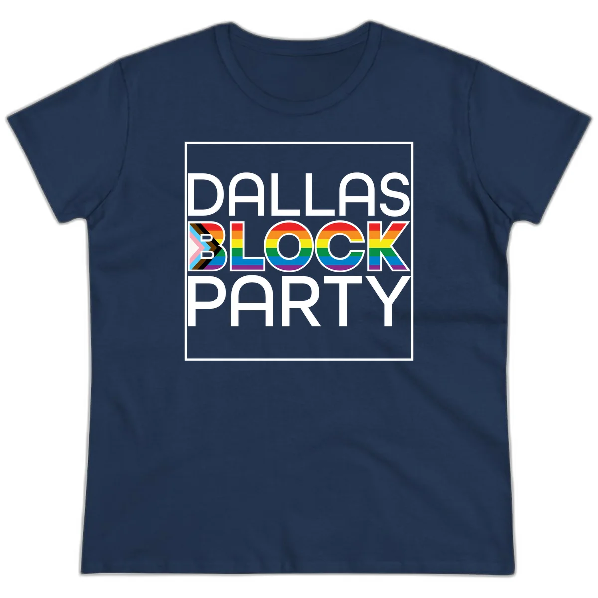 Dallas Block Party Pride design with rainbow and progress pride flag colors integrated into bold white typography on gray background in Navy