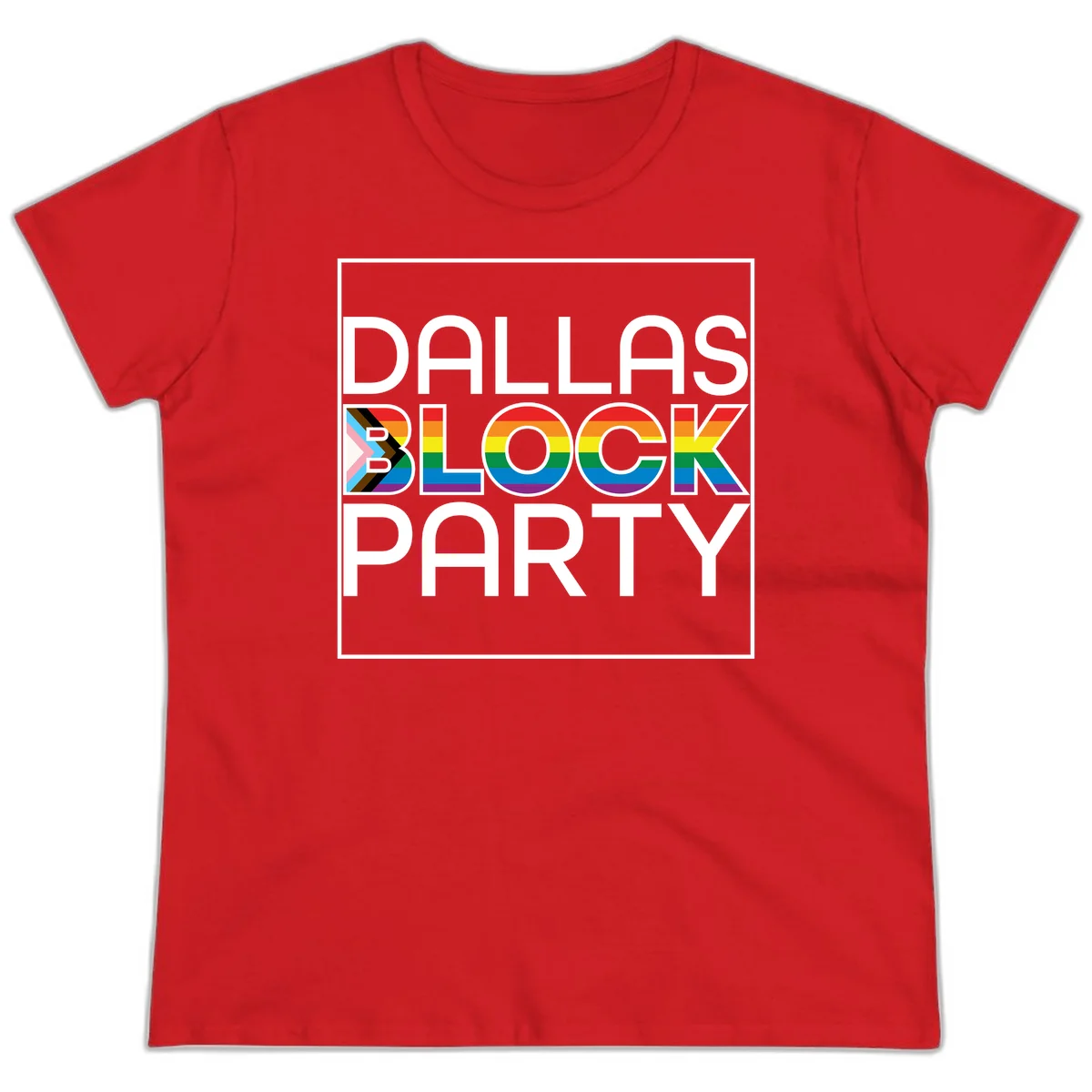 Dallas Block Party Pride design with rainbow and progress pride flag colors integrated into bold white typography on gray background in Red