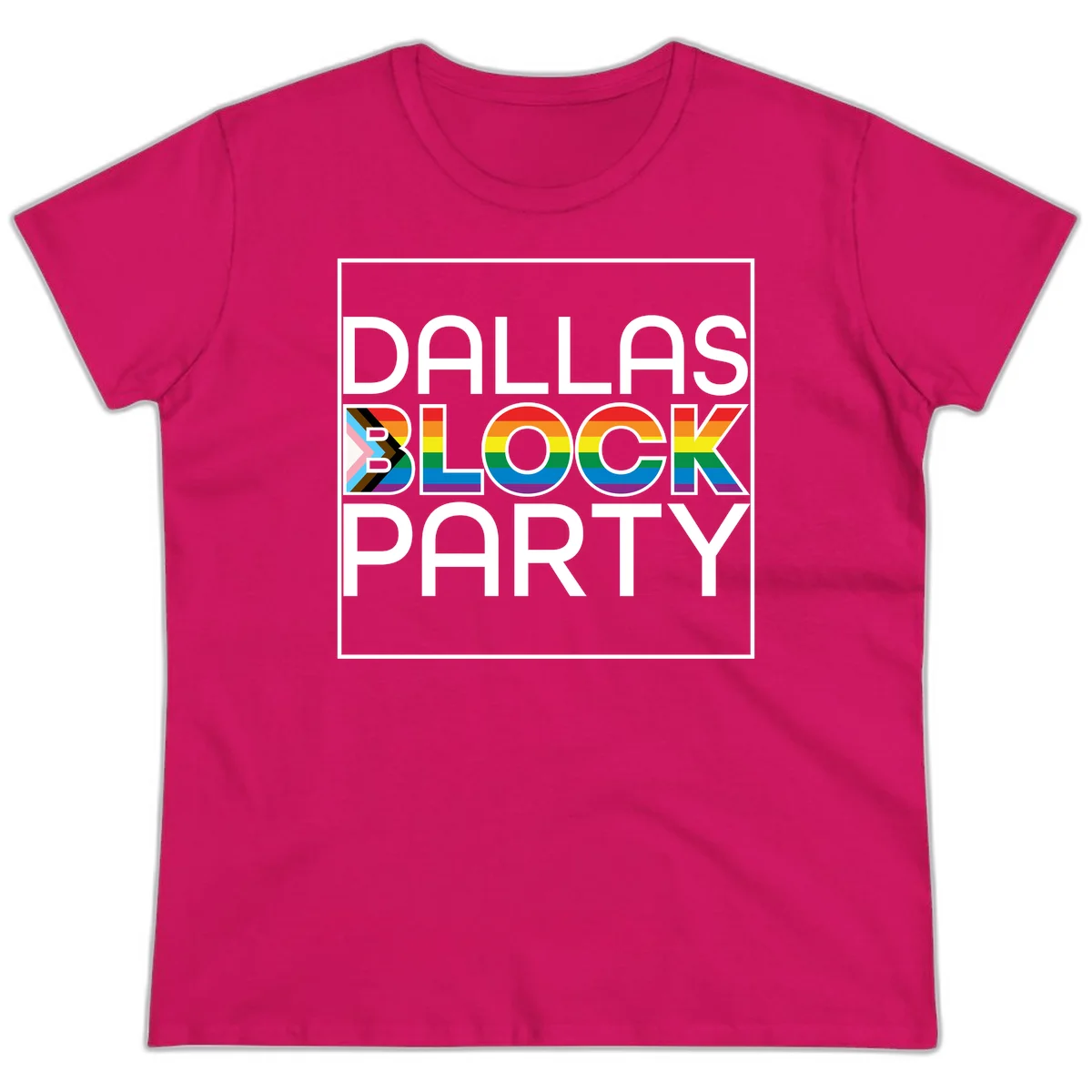 Dallas Block Party Pride design with rainbow and progress pride flag colors integrated into bold white typography on gray background in Heliconia