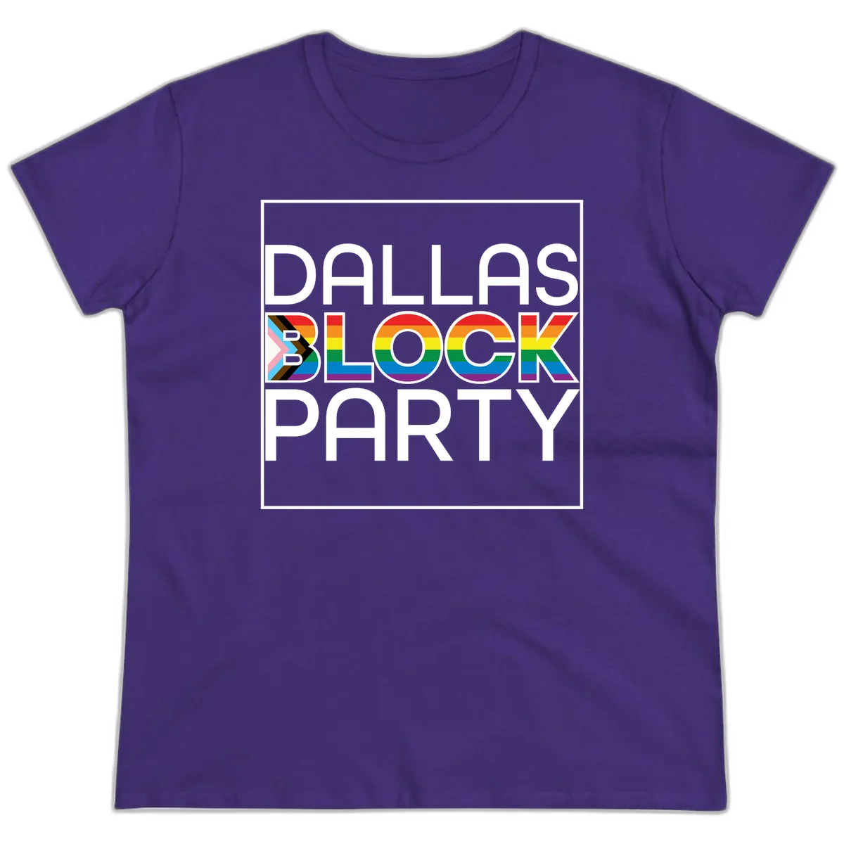 Dallas Block Party Pride design with rainbow and progress pride flag colors integrated into bold white typography on gray background in Purple