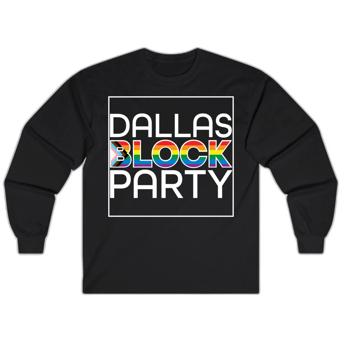 Dallas Block Party Pride design with rainbow and progress pride flag colors integrated into bold white typography on gray background in Black