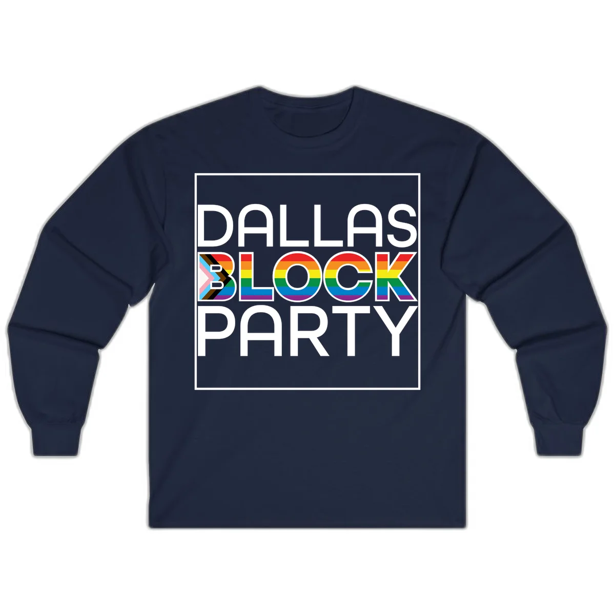 Dallas Block Party Pride design with rainbow and progress pride flag colors integrated into bold white typography on gray background in Navy