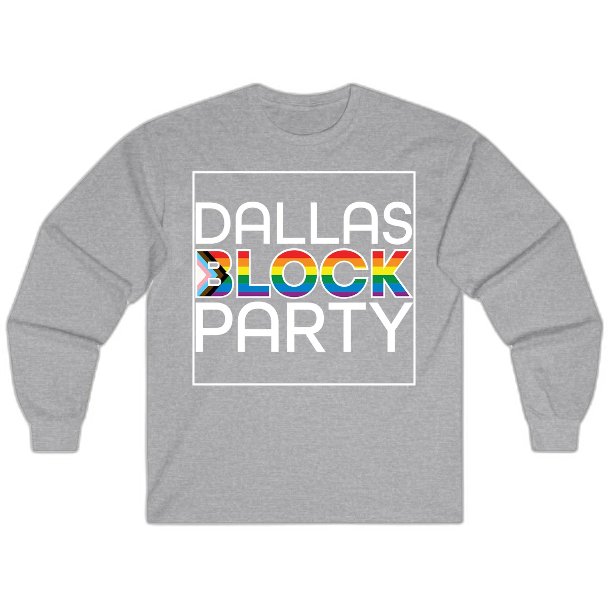 Dallas Block Party Pride design with rainbow and progress pride flag colors integrated into bold white typography on gray background in Sport Grey