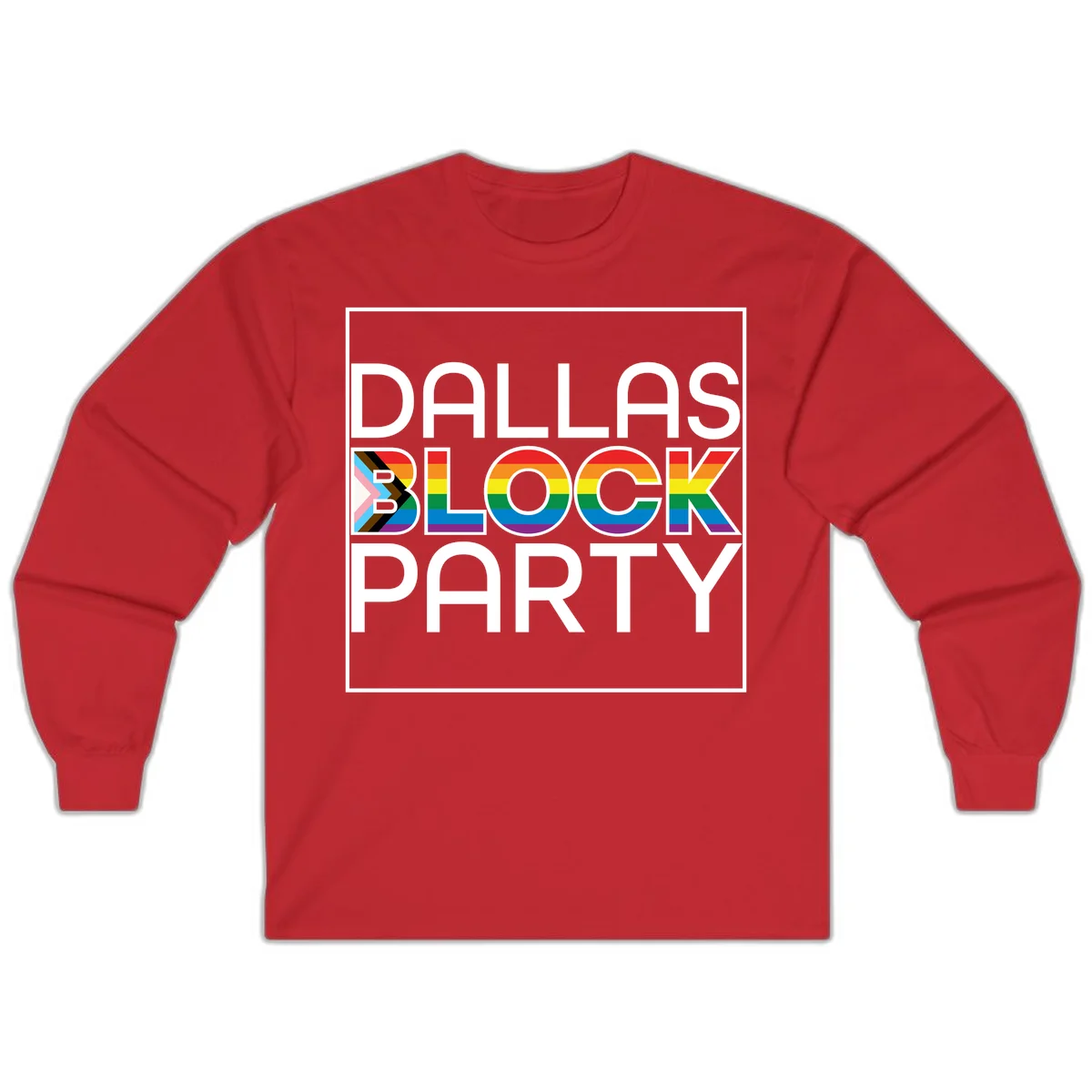 Dallas Block Party Pride design with rainbow and progress pride flag colors integrated into bold white typography on gray background in Red