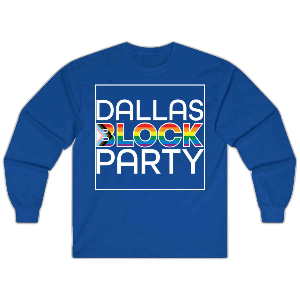Dallas Block Party Pride design with rainbow and progress pride flag colors integrated into bold white typography on gray background in Royal