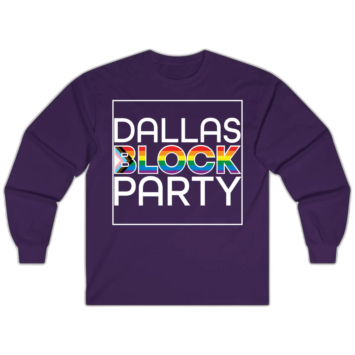Dallas Block Party Pride design with rainbow and progress pride flag colors integrated into bold white typography on gray background in Purple