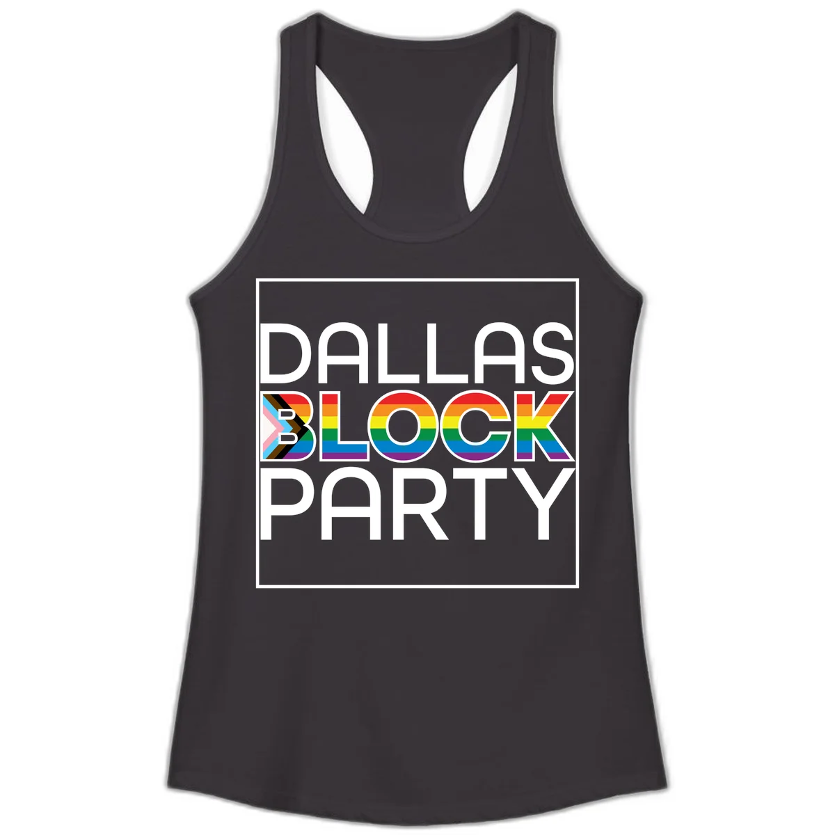 Dallas Block Party Pride design with rainbow and progress pride flag colors integrated into bold white typography on gray background in Black