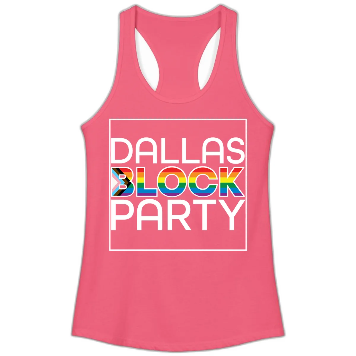 Dallas Block Party Pride design with rainbow and progress pride flag colors integrated into bold white typography on gray background in Hot Pink