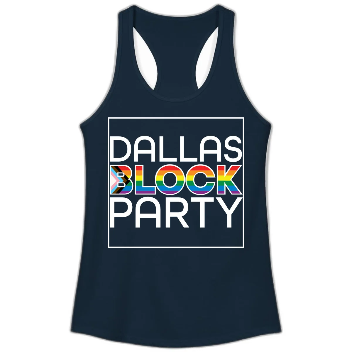 Dallas Block Party Pride design with rainbow and progress pride flag colors integrated into bold white typography on gray background in Solid Midnight Navy