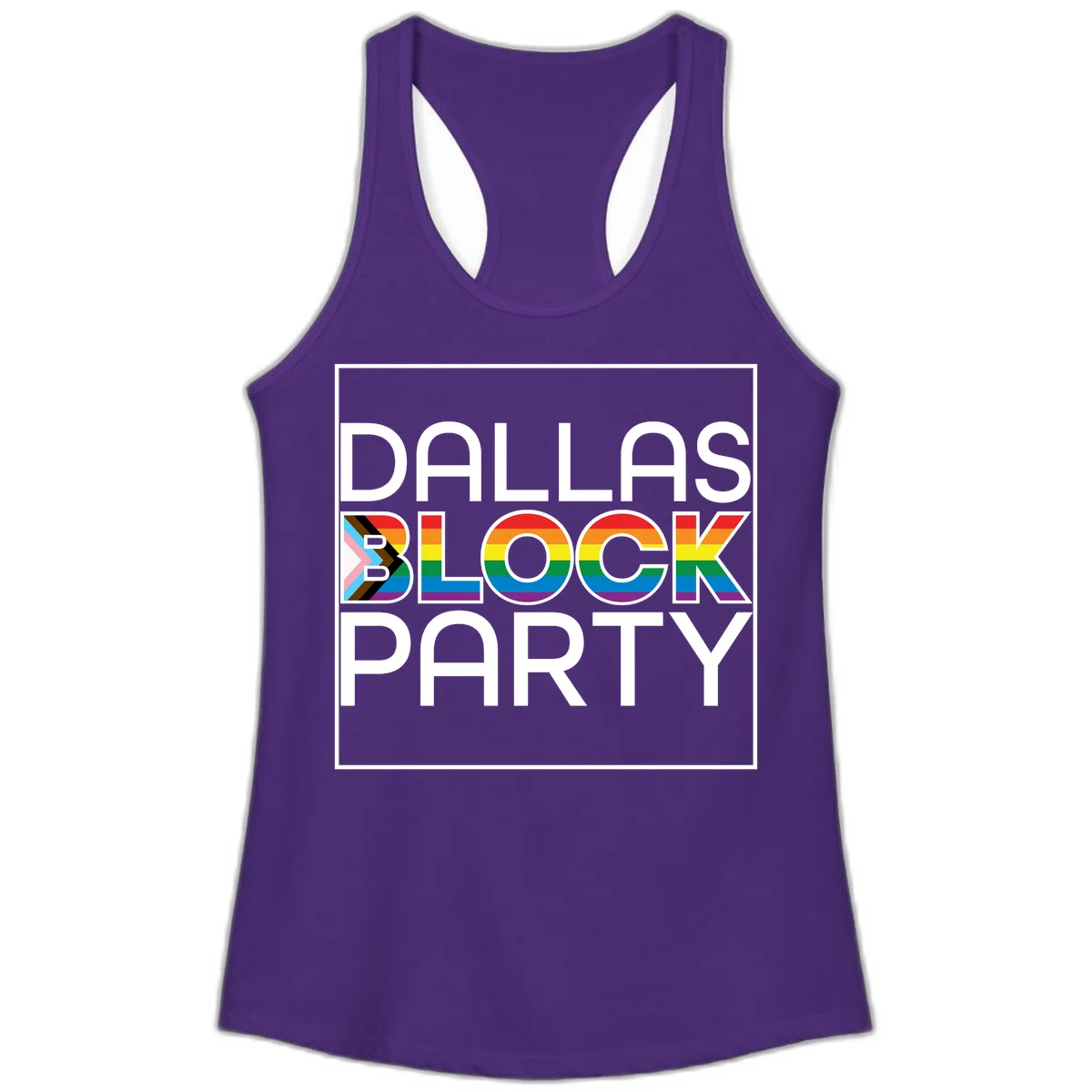 Dallas Block Party Pride design with rainbow and progress pride flag colors integrated into bold white typography on gray background in Solid Purple Rush