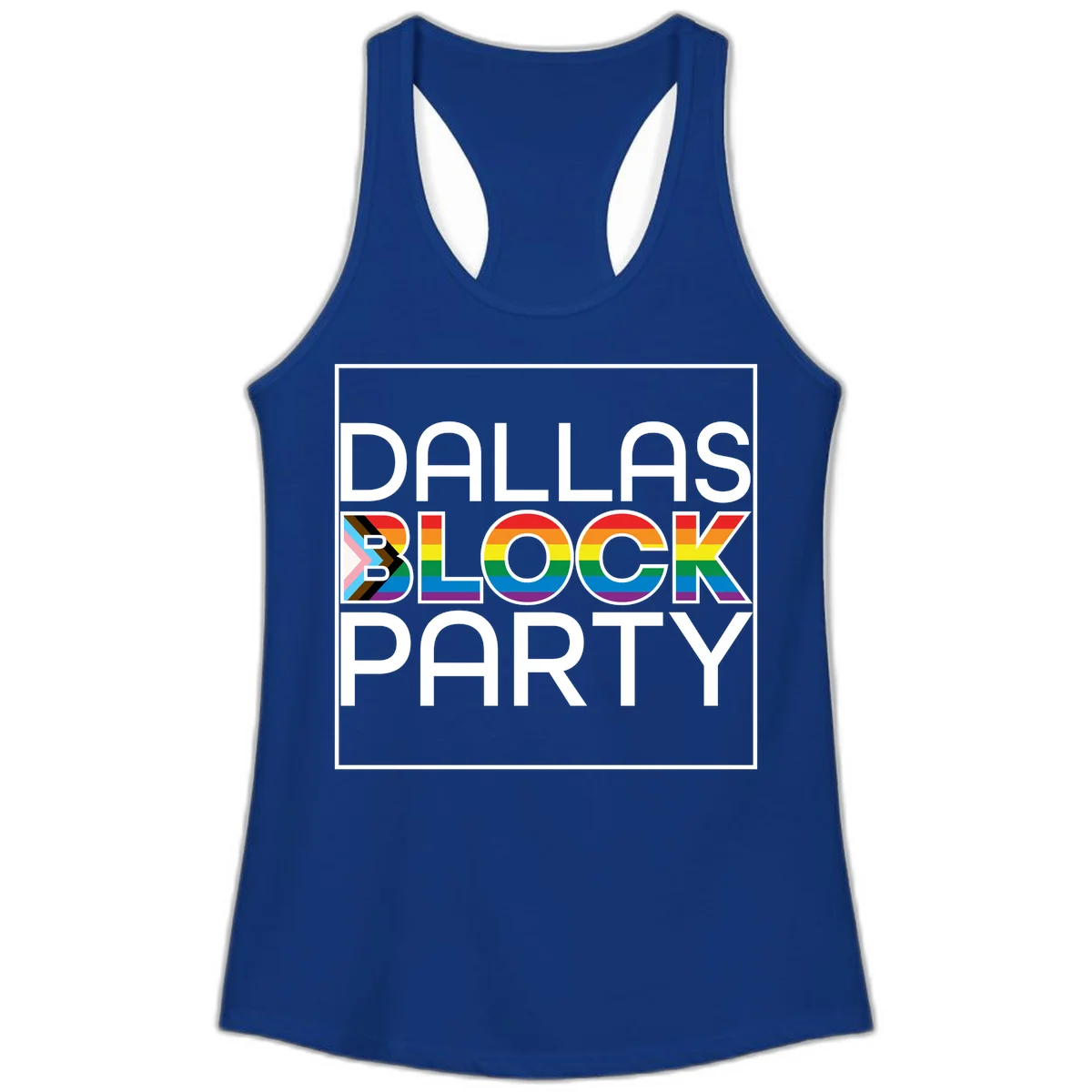 Dallas Block Party Pride design with rainbow and progress pride flag colors integrated into bold white typography on gray background in Solid Royal