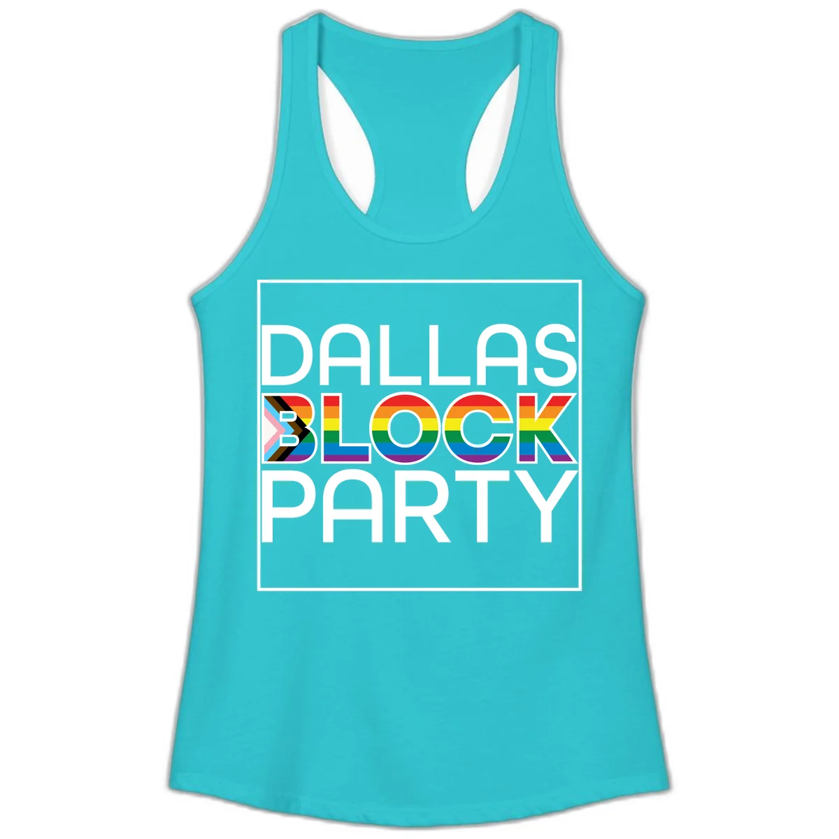 Dallas Block Party Pride design with rainbow and progress pride flag colors integrated into bold white typography on gray background in Solid Tahiti Blue