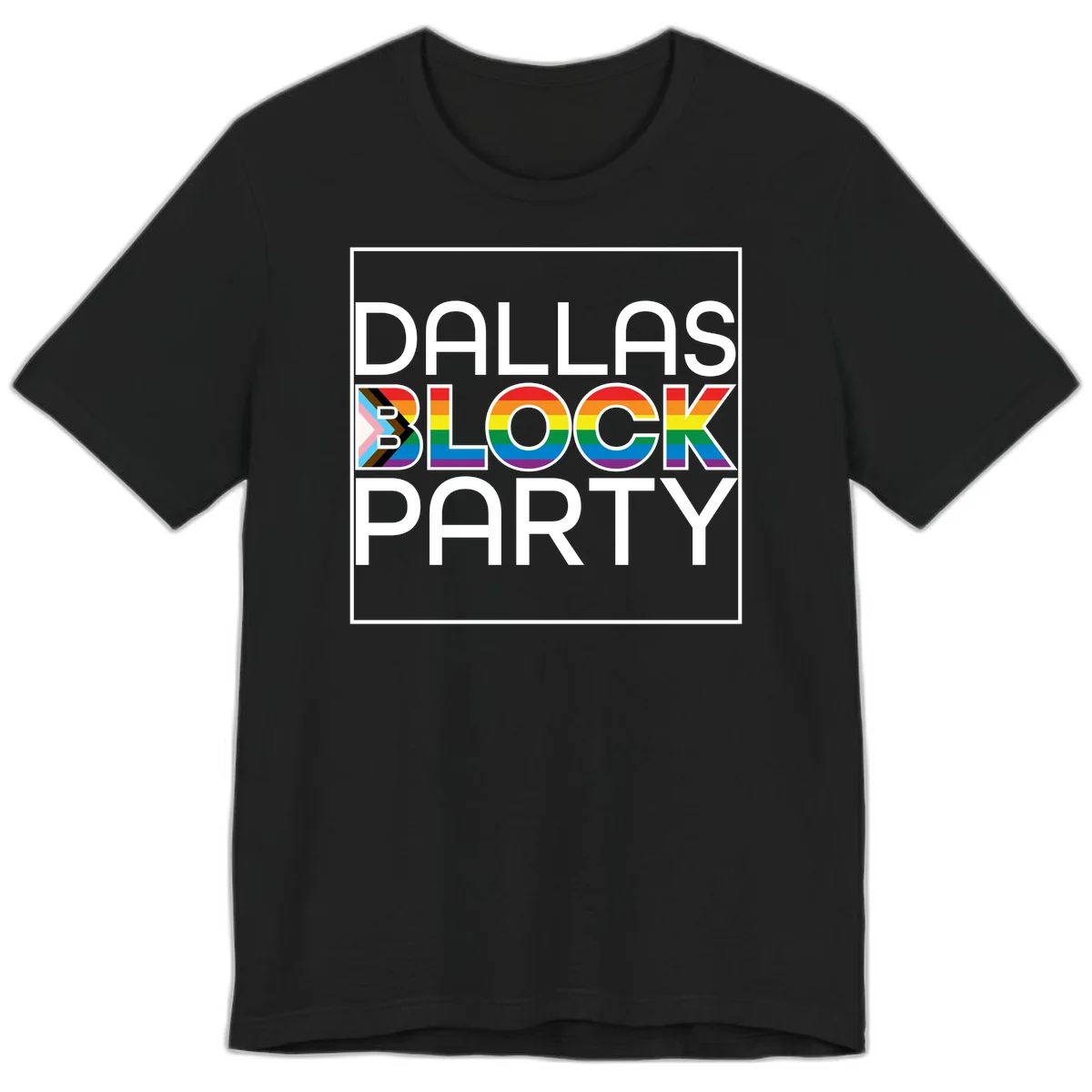 Dallas Block Party Pride design with rainbow and progress pride flag colors integrated into bold white typography on gray background in Black