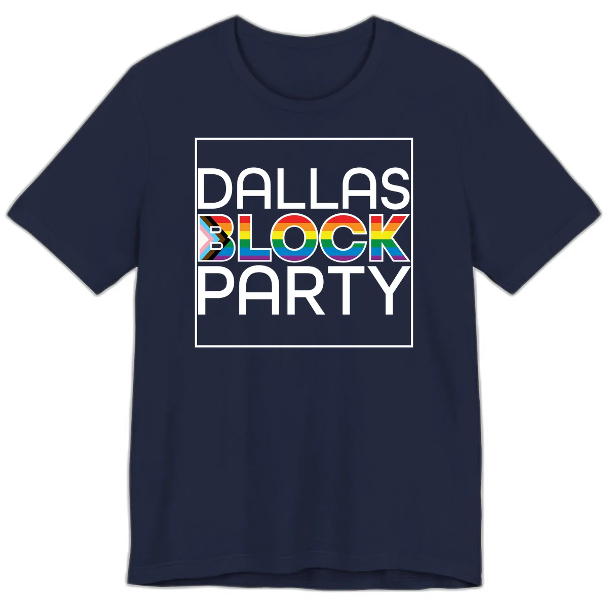 Dallas Block Party Pride design with rainbow and progress pride flag colors integrated into bold white typography on gray background in Navy
