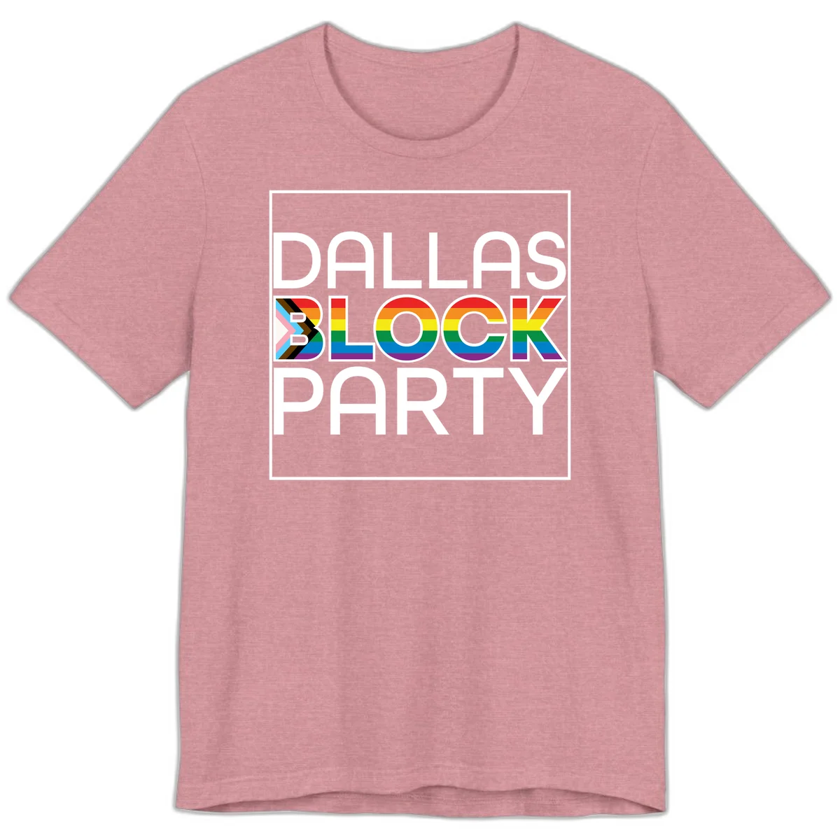 Dallas Block Party Pride design with rainbow and progress pride flag colors integrated into bold white typography on gray background in Heather Orchid