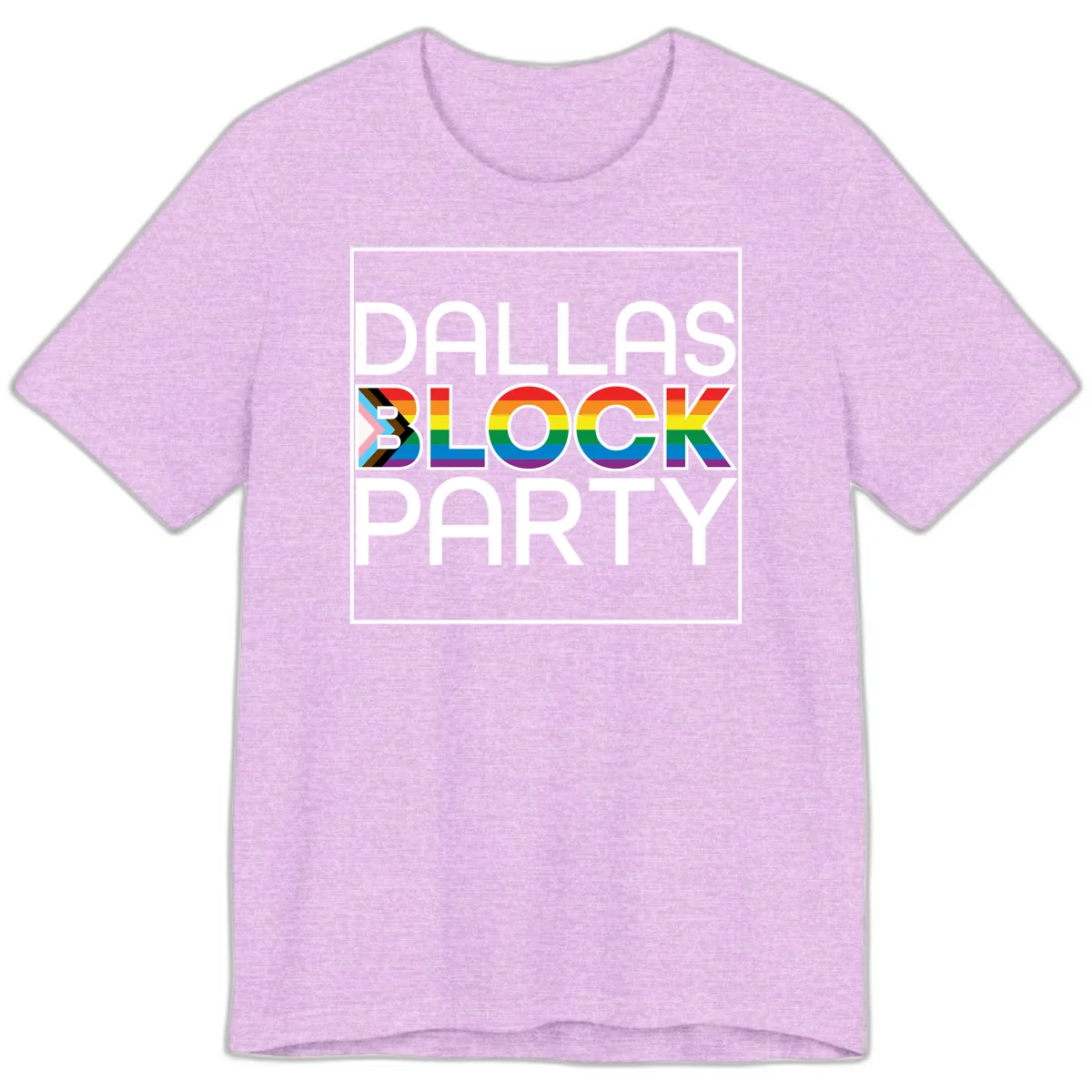 Dallas Block Party Pride design with rainbow and progress pride flag colors integrated into bold white typography on gray background in Heather Prism Lilac