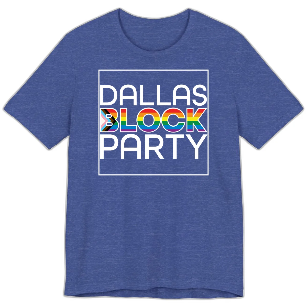 Dallas Block Party Pride design with rainbow and progress pride flag colors integrated into bold white typography on gray background in Heather True Royal