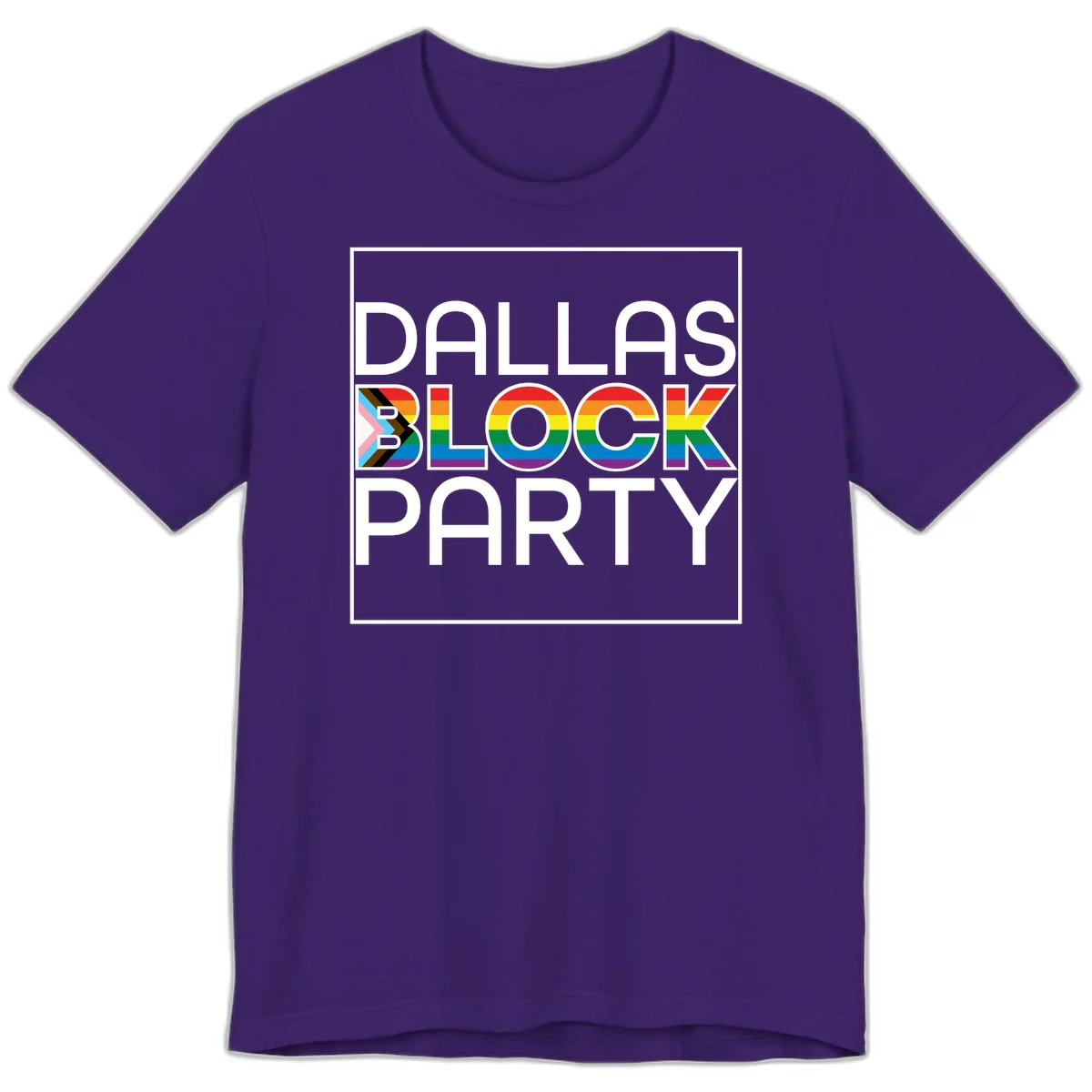 Dallas Block Party Pride design with rainbow and progress pride flag colors integrated into bold white typography on gray background in Team Purple