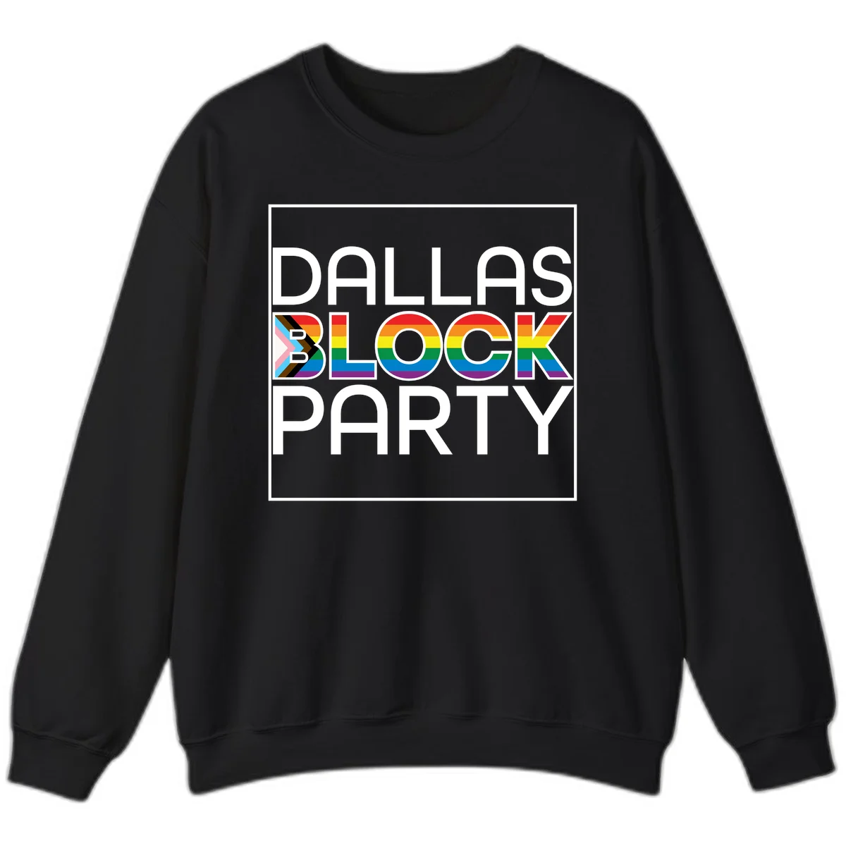 Dallas Block Party Pride design with rainbow and progress pride flag colors integrated into bold white typography on gray background in Black