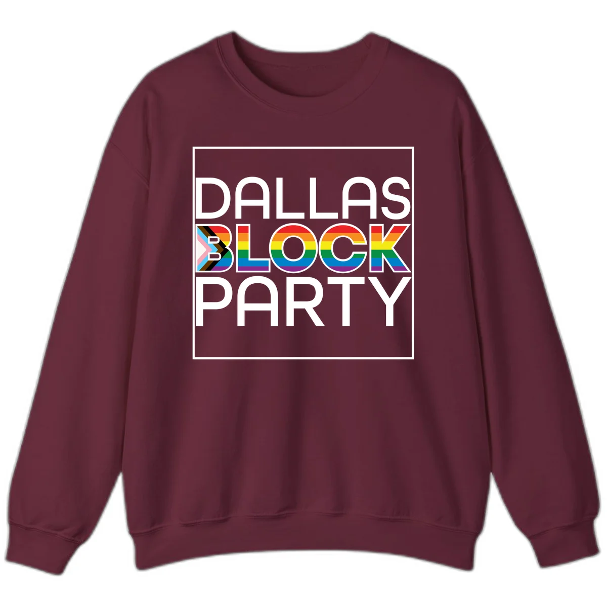Dallas Block Party Pride design with rainbow and progress pride flag colors integrated into bold white typography on gray background in Maroon