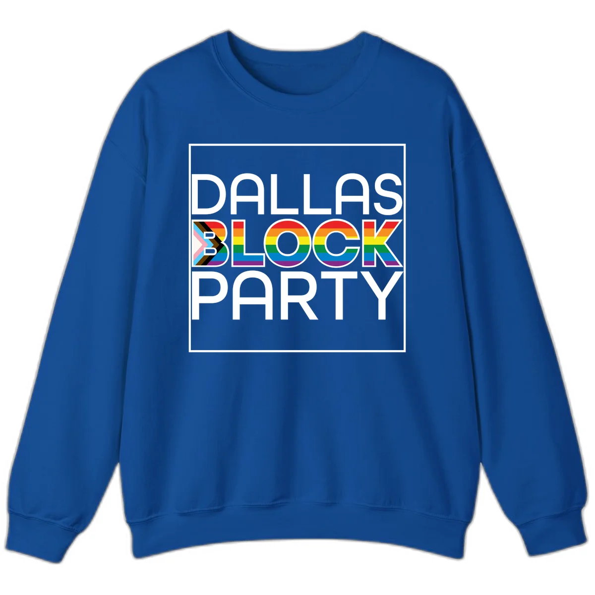 Dallas Block Party Pride design with rainbow and progress pride flag colors integrated into bold white typography on gray background in Royal