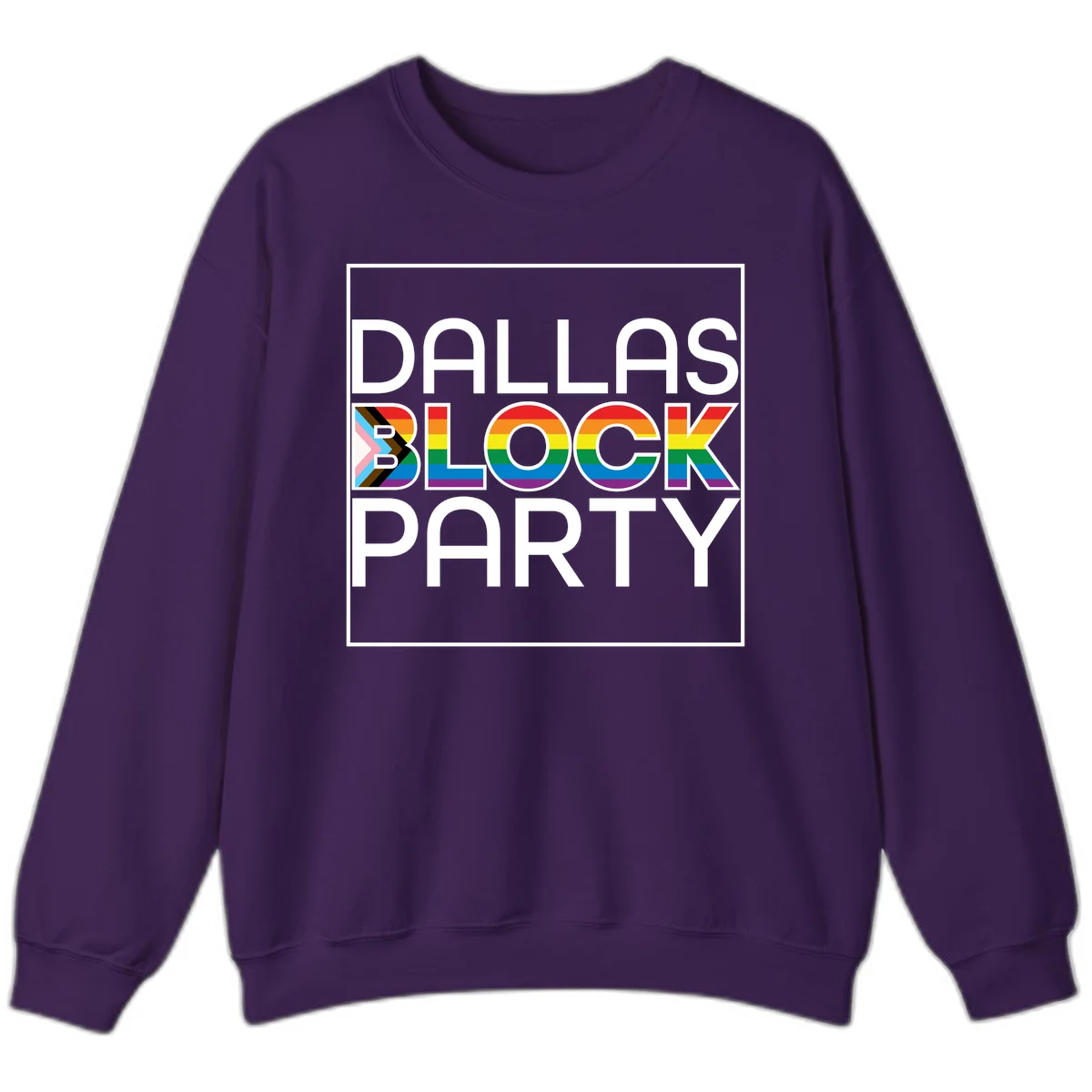 Dallas Block Party Pride design with rainbow and progress pride flag colors integrated into bold white typography on gray background in Purple