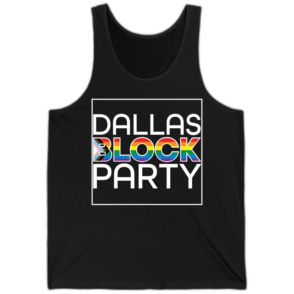 Dallas Block Party Pride design with rainbow and progress pride flag colors integrated into bold white typography on gray background in Black