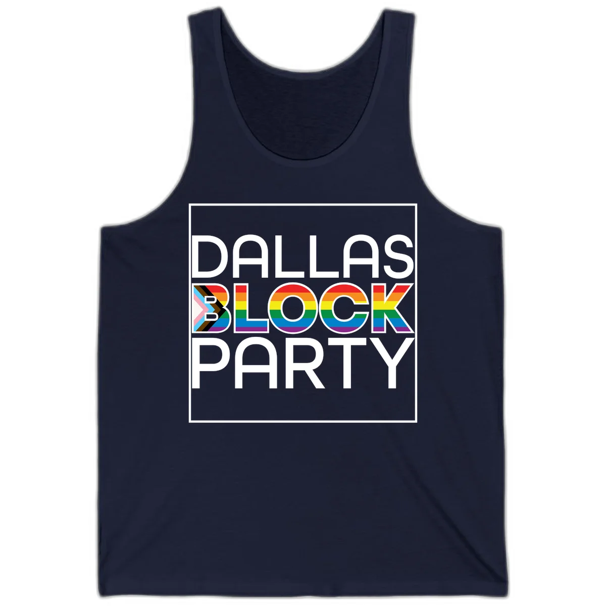 Dallas Block Party Pride design with rainbow and progress pride flag colors integrated into bold white typography on gray background in Navy