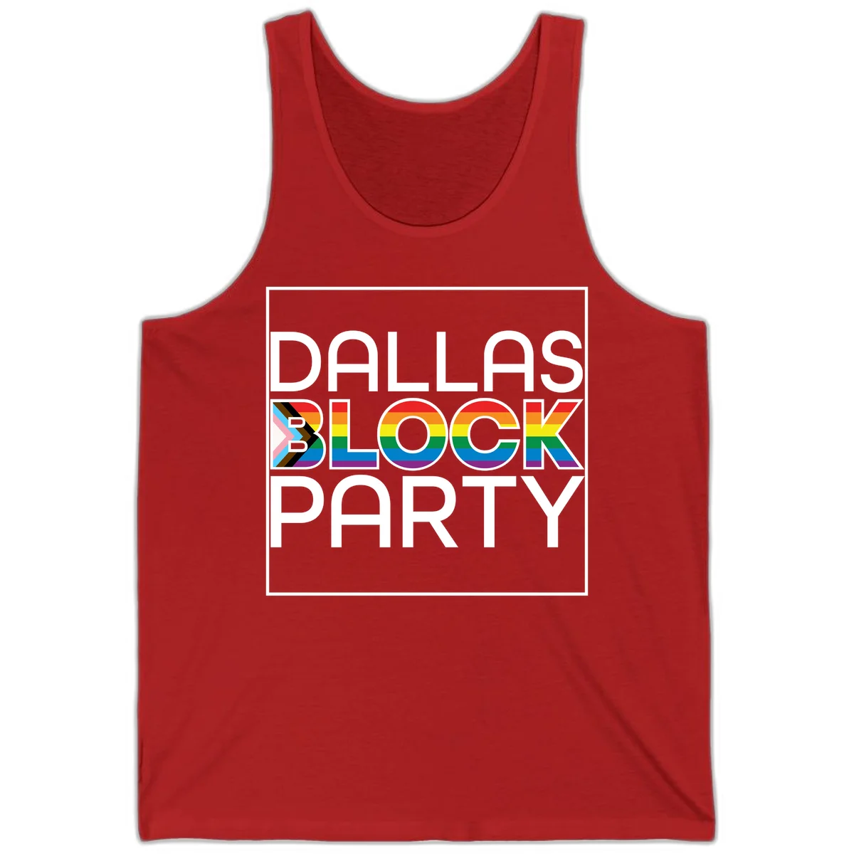 Dallas Block Party Pride design with rainbow and progress pride flag colors integrated into bold white typography on gray background in Red
