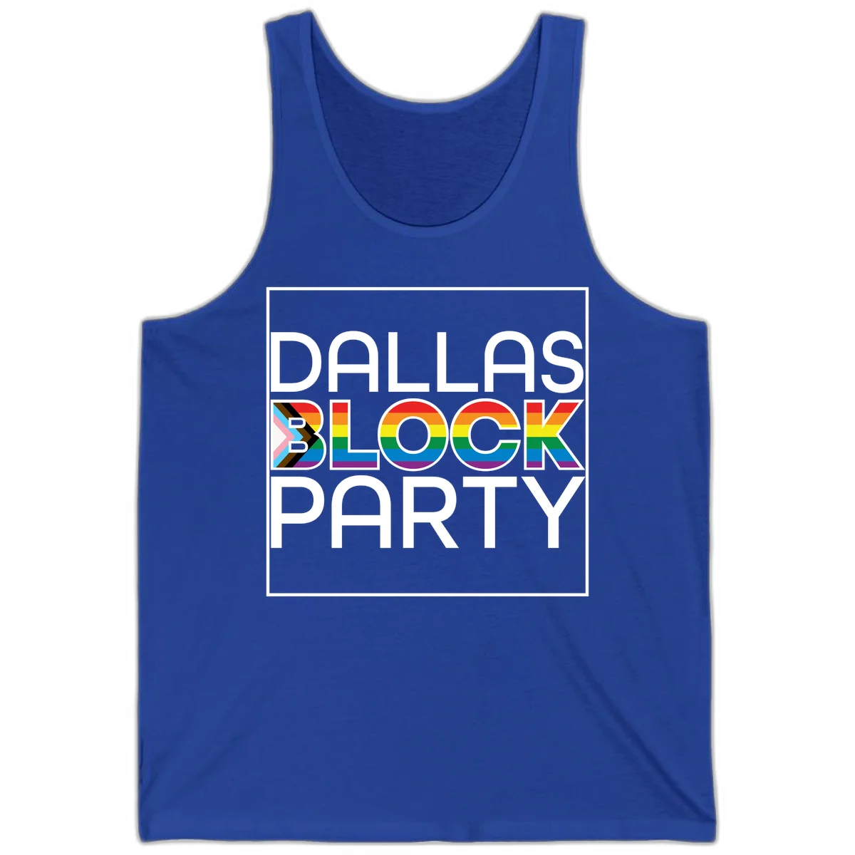 Dallas Block Party Pride design with rainbow and progress pride flag colors integrated into bold white typography on gray background in True Royal