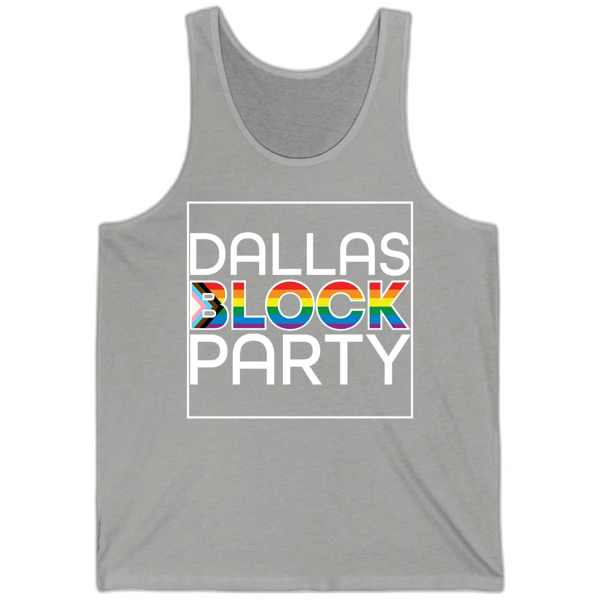 Dallas Block Party Pride design with rainbow and progress pride flag colors integrated into bold white typography on gray background in Athletic Heather