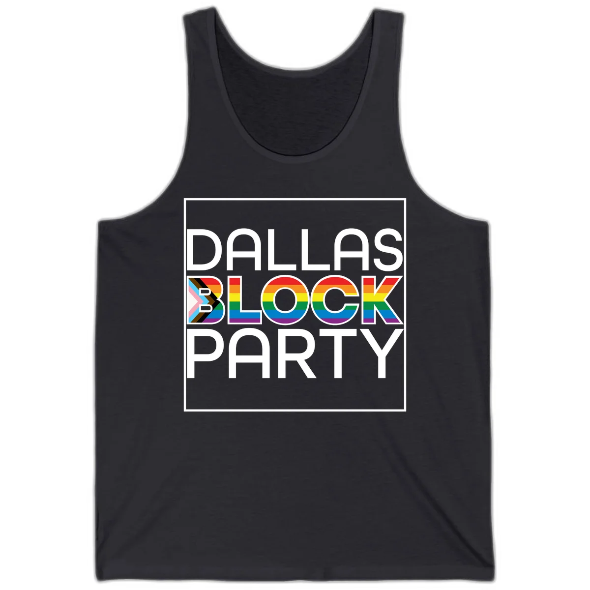 Dallas Block Party Pride design with rainbow and progress pride flag colors integrated into bold white typography on gray background in Dark Grey