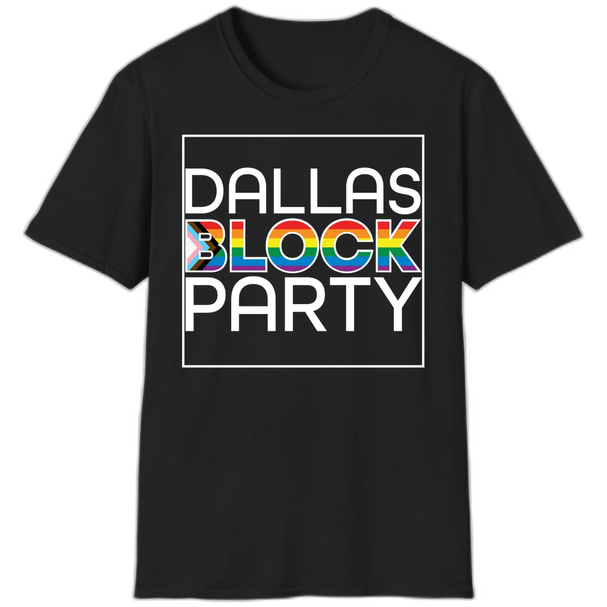 Dallas Block Party Pride design with rainbow and progress pride flag colors integrated into bold white typography on gray background in Black
