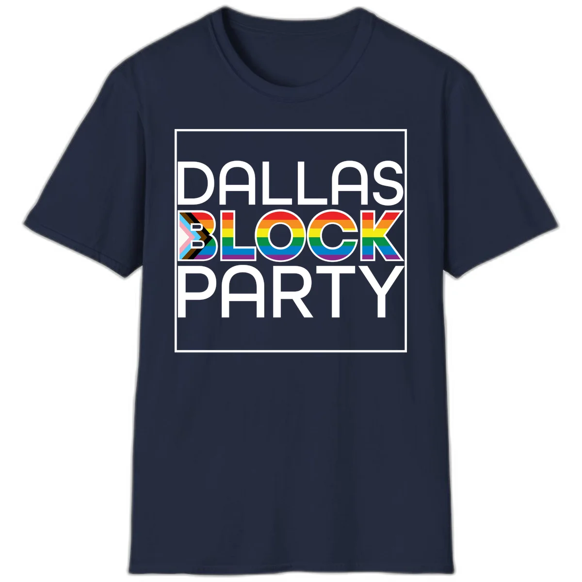 Dallas Block Party Pride design with rainbow and progress pride flag colors integrated into bold white typography on gray background in Navy