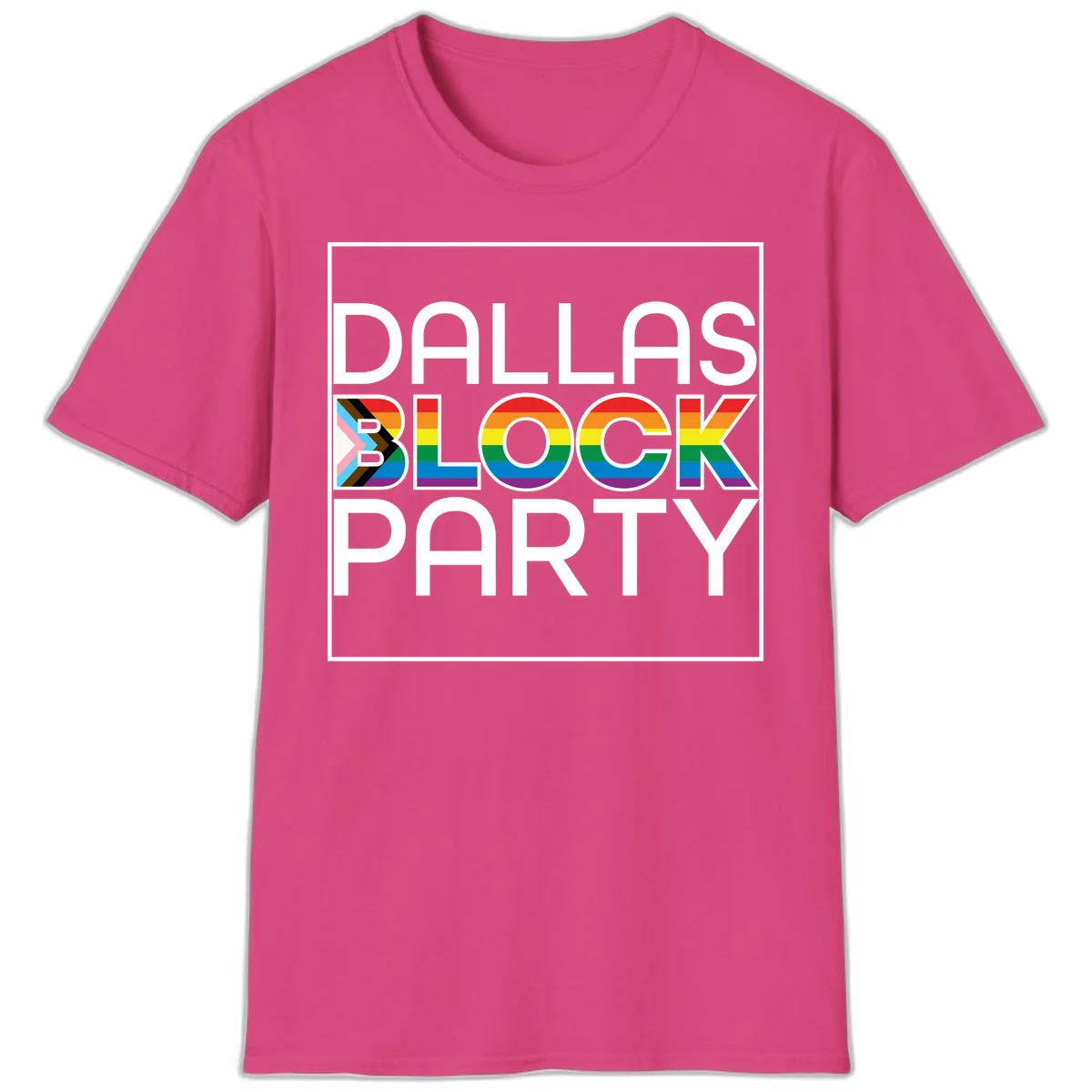 Dallas Block Party Pride design with rainbow and progress pride flag colors integrated into bold white typography on gray background in Heliconia