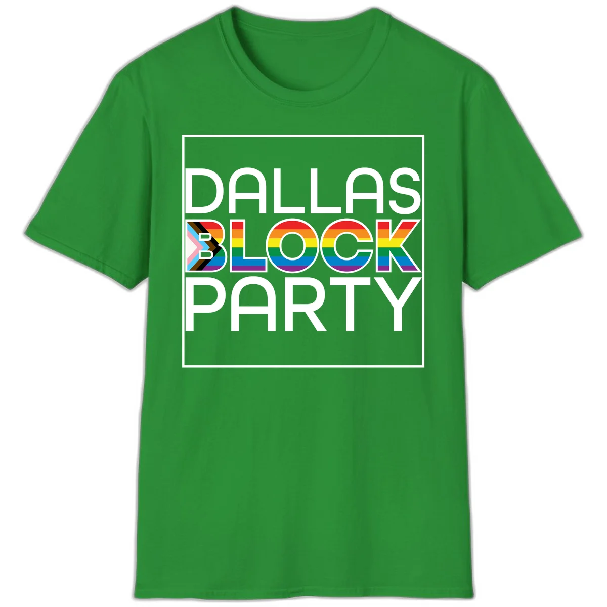 Dallas Block Party Pride design with rainbow and progress pride flag colors integrated into bold white typography on gray background in Irish Green