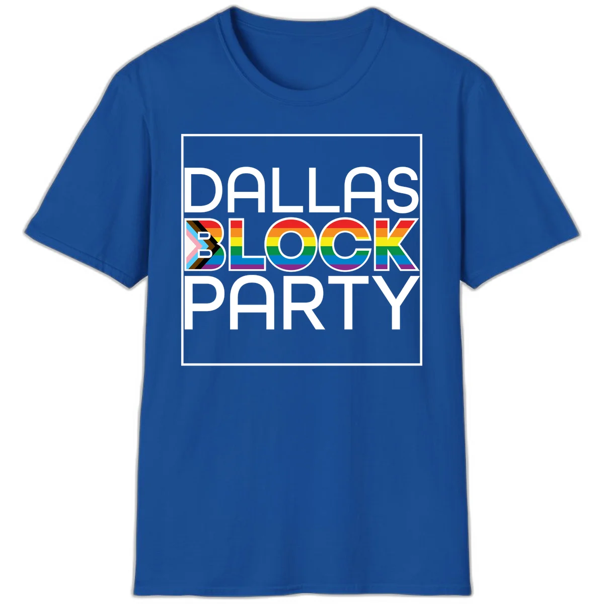 Dallas Block Party Pride design with rainbow and progress pride flag colors integrated into bold white typography on gray background in Royal