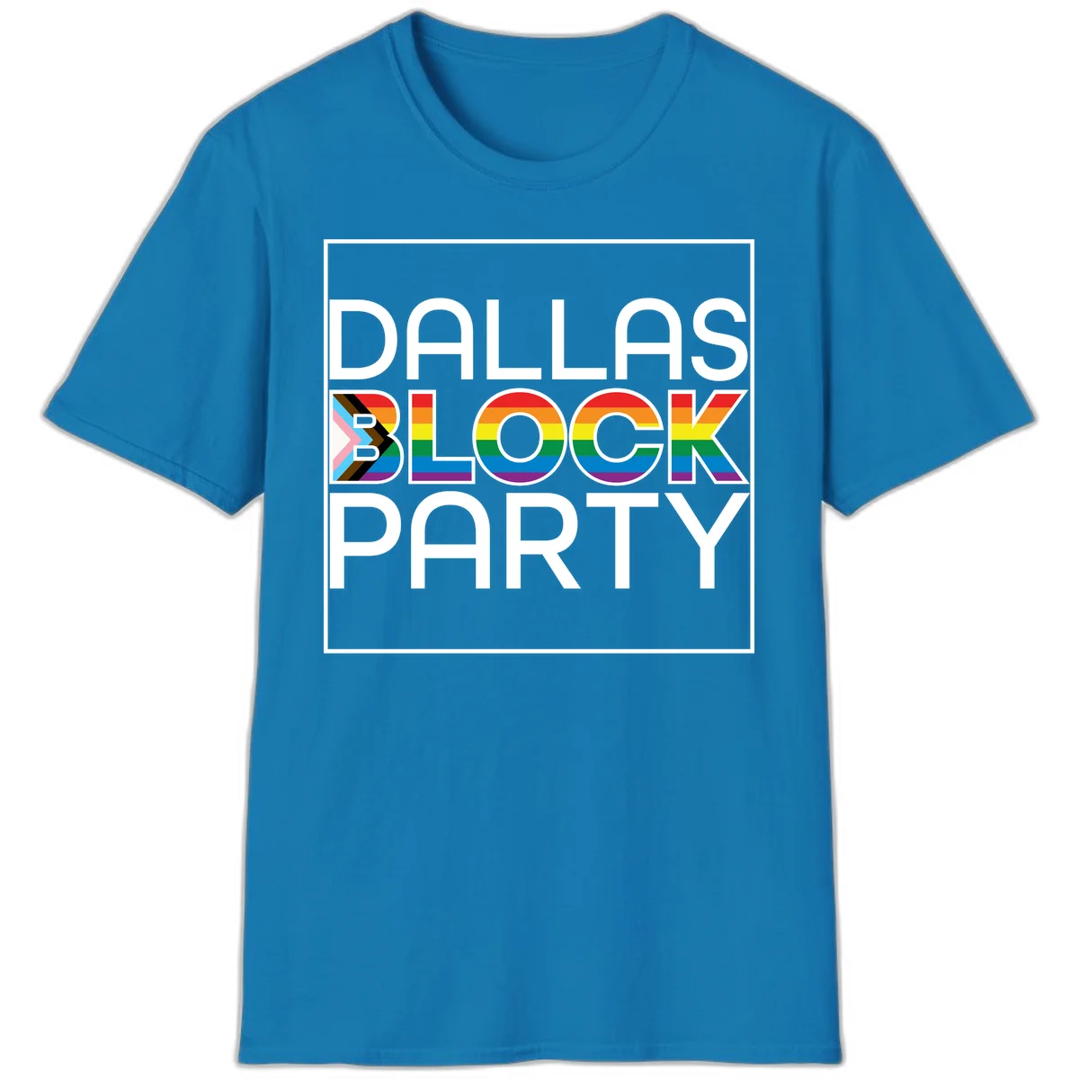 Dallas Block Party Pride design with rainbow and progress pride flag colors integrated into bold white typography on gray background in Sapphire