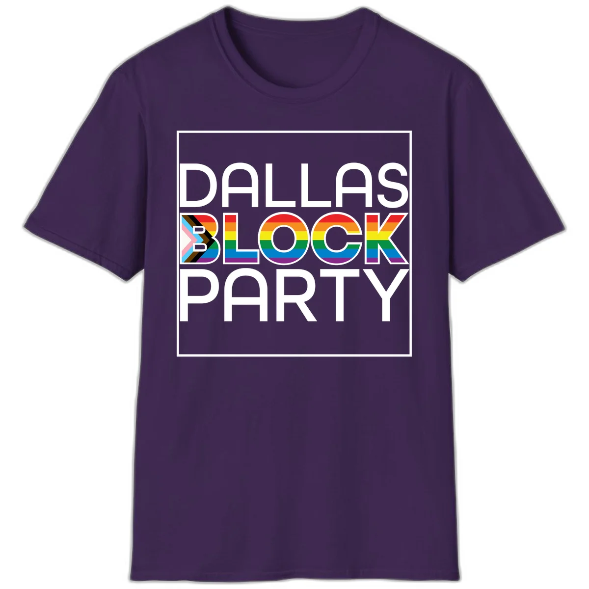 Dallas Block Party Pride design with rainbow and progress pride flag colors integrated into bold white typography on gray background in Purple