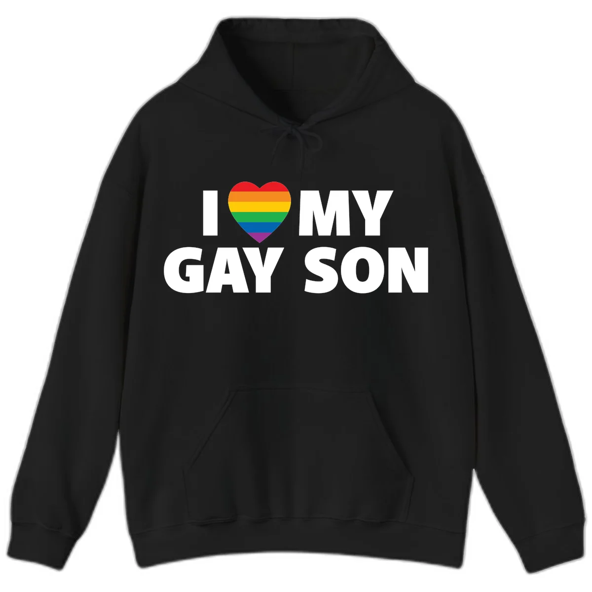 White text reading 'I love my gay son' with a rainbow pride heart symbol on gray background in Black