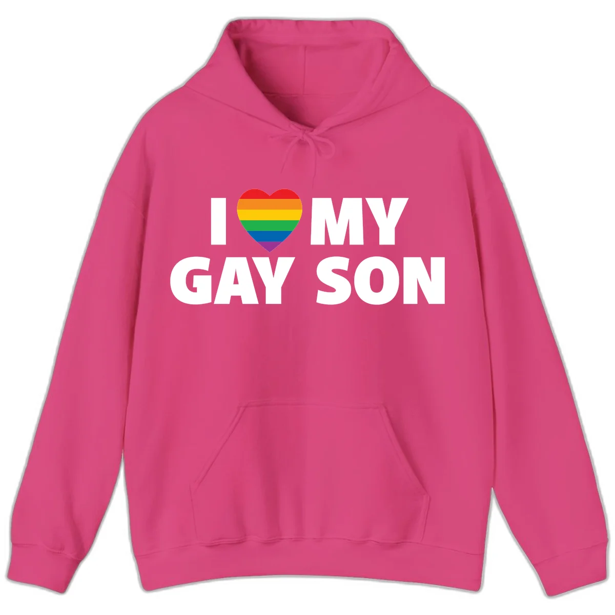 White text reading 'I love my gay son' with a rainbow pride heart symbol on gray background in Heliconia