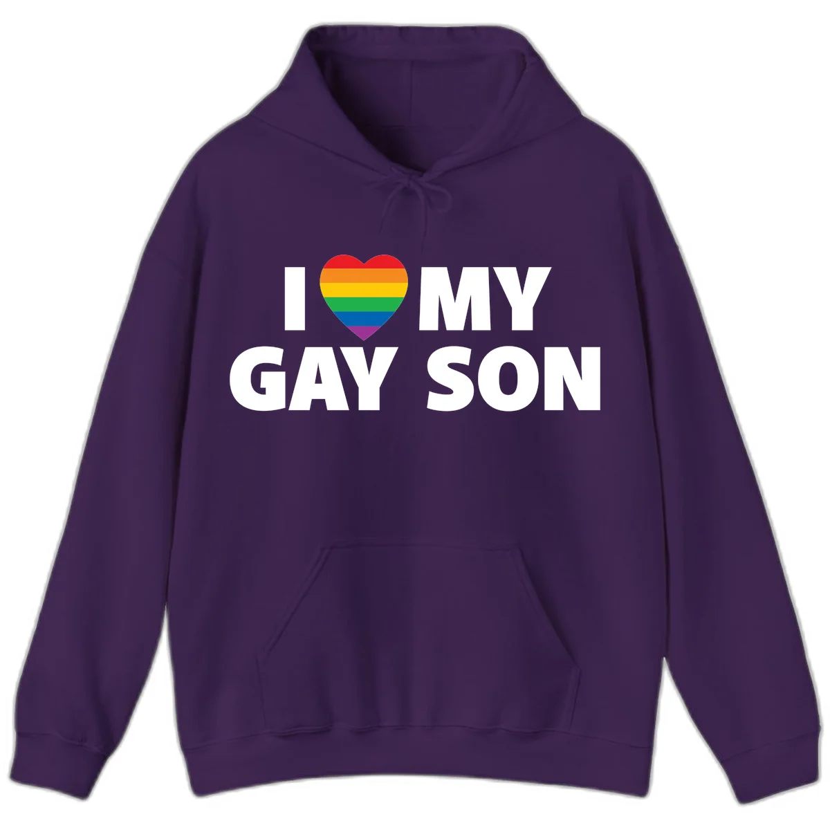 White text reading 'I love my gay son' with a rainbow pride heart symbol on gray background in Purple