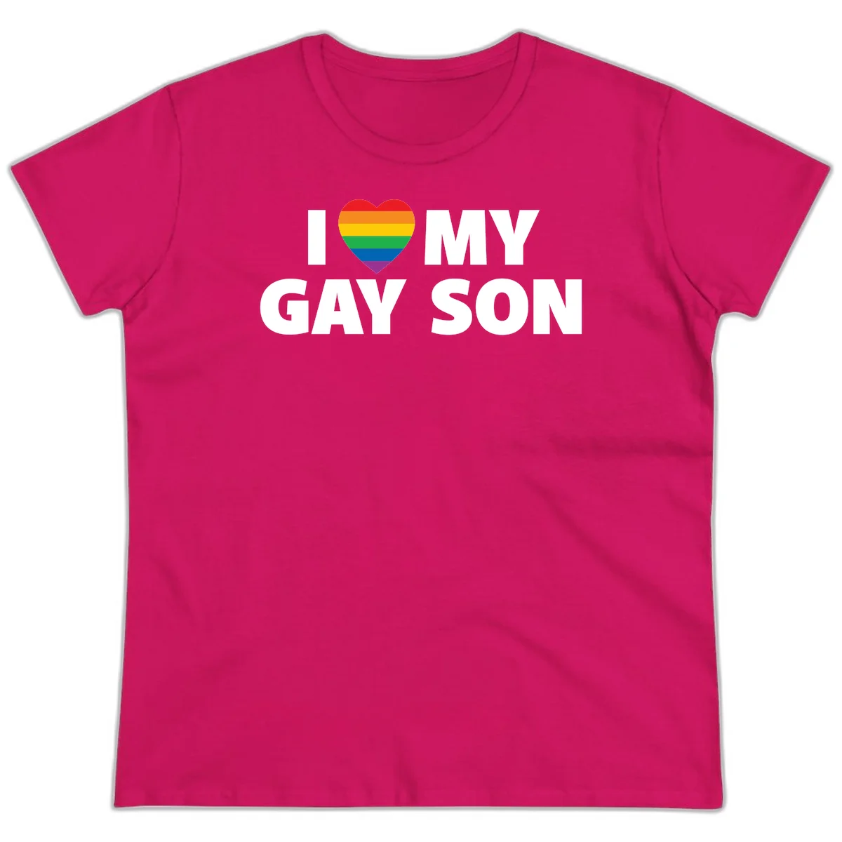 White text reading 'I love my gay son' with a rainbow pride heart symbol on gray background in Heliconia
